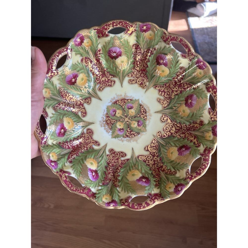 Antique Porcelain Pierced Compote Hand Painted Gold Gilt Floral Made in Japan